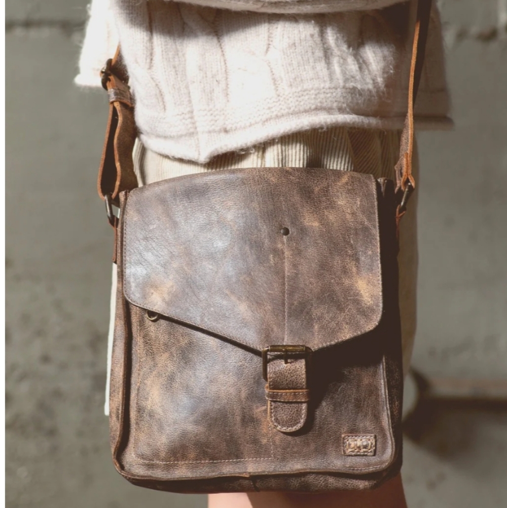 Leather Crossbody Messenger Bag - Brown